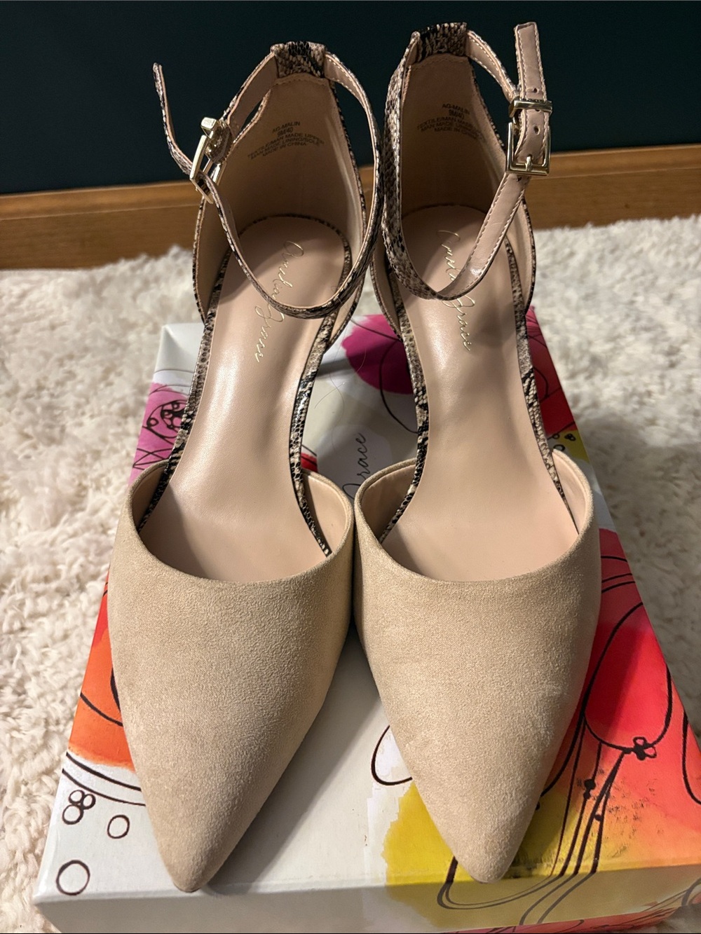 Amelia Grace ankle strap heels nude suede pointed toe snakeskin patterned